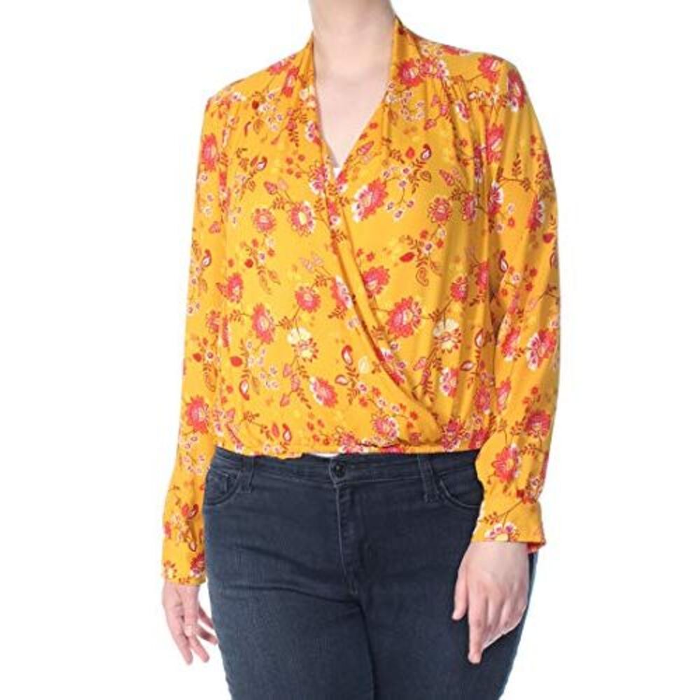 Floral-Print Faux-Wrap Top Yellow Mustard Floral L